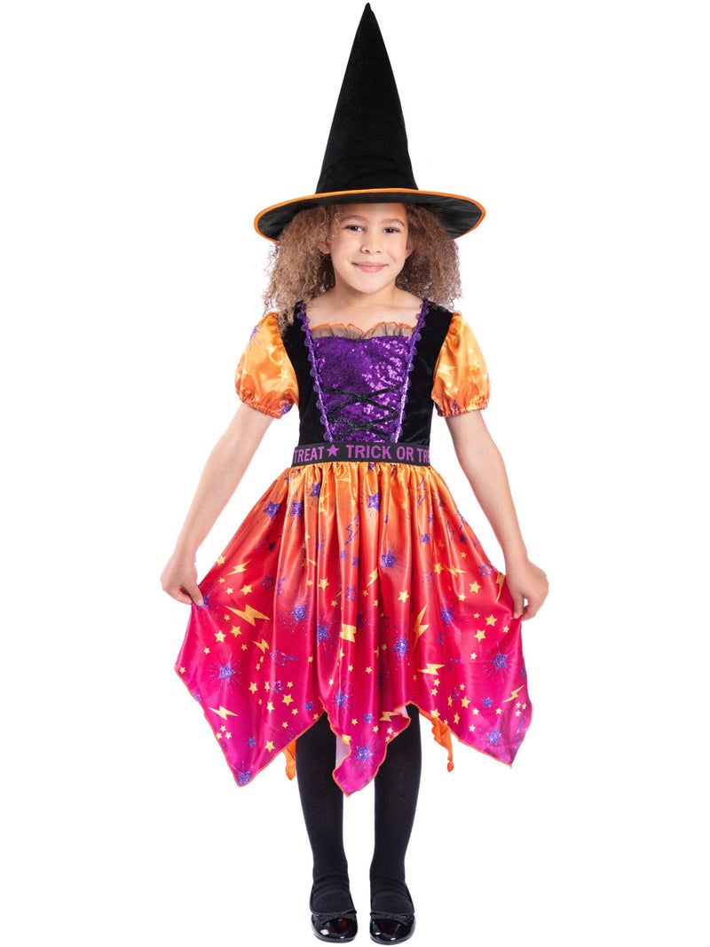 Girls’ Orange Moon and Stars Witch Costume – Dress & Hat