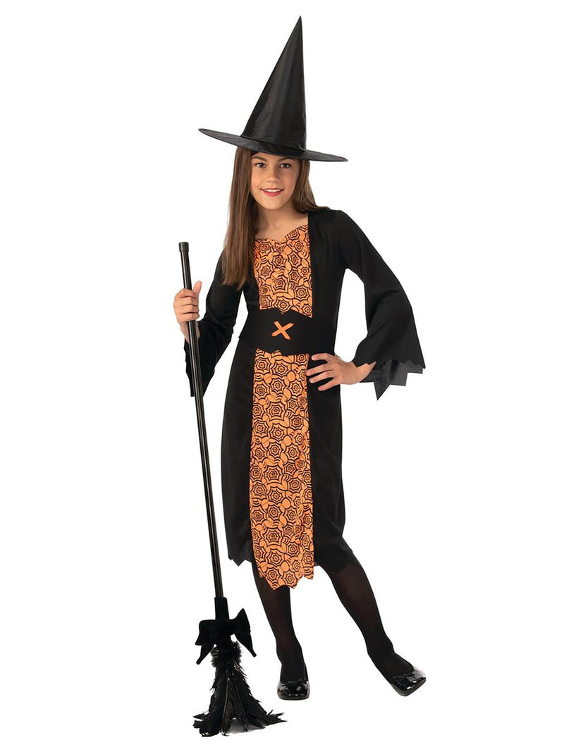 Girls’ Black and Orange Witch Costume – Dress, Belt & Hat